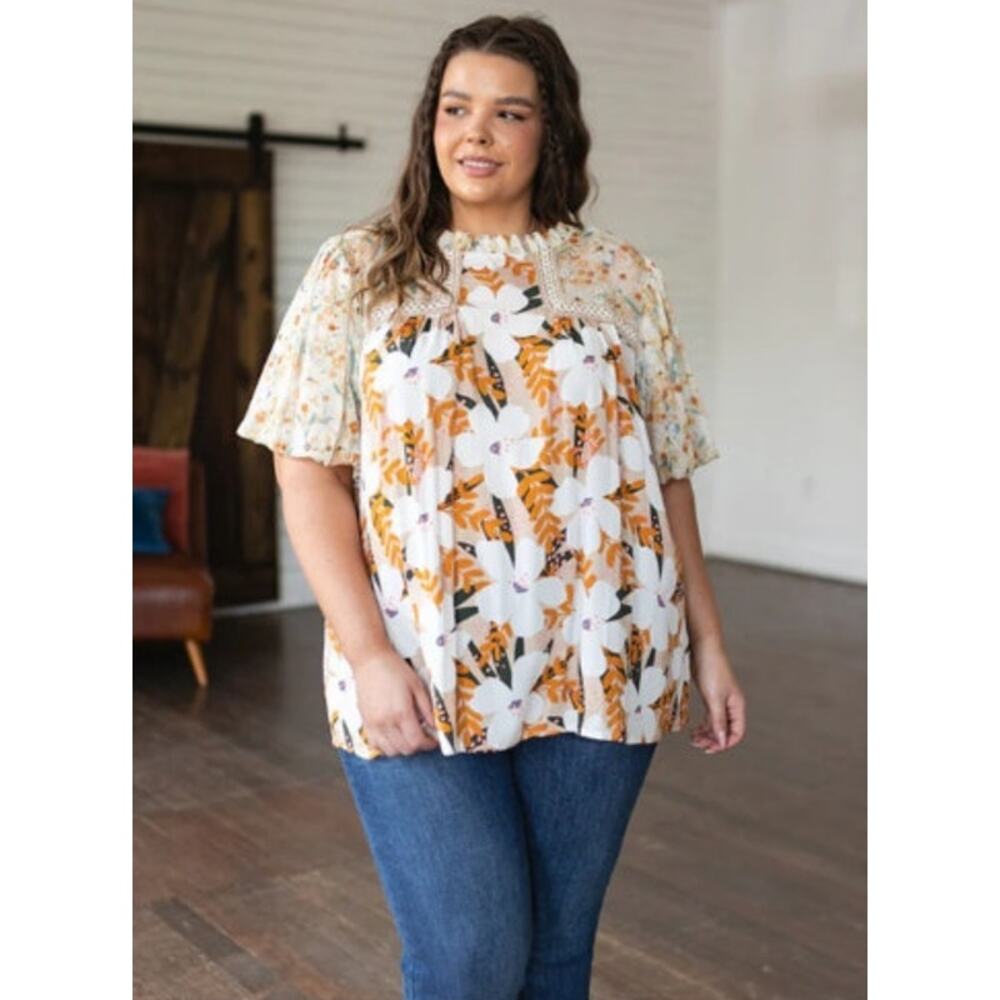 New NWT Jodifl Womens Plus Size 2x Mustard Top Ruffle Floral Sheer Top